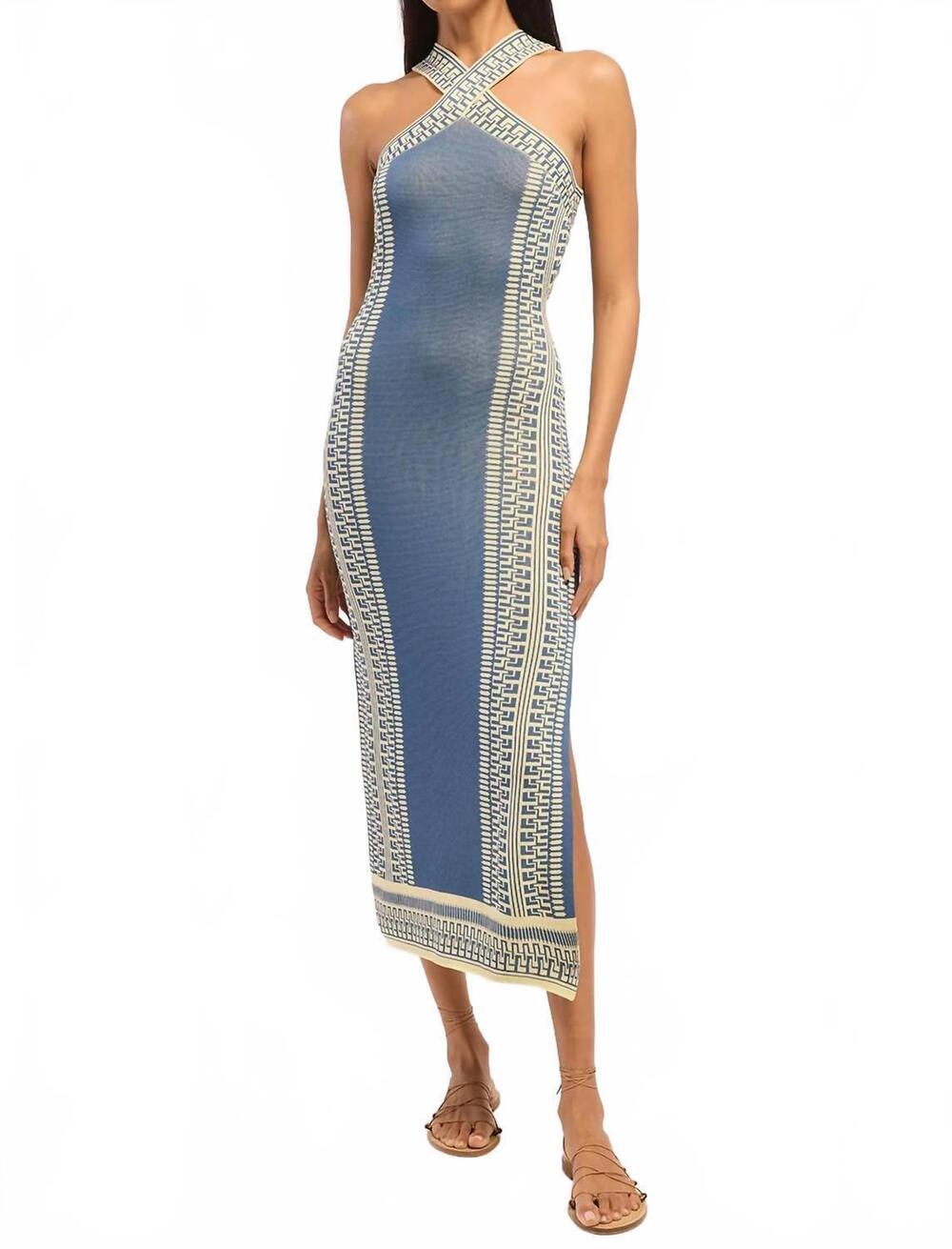 NEW MISA LOS ANGELES odessa halter neck dress in aegean geometry blue